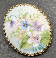 Vintage Hand Painted Porcelain Violet Pansy Flower Brooch Gold Tone picture