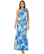 Adrianna Papell Blue Multi Floral One Shoulder Bow Scuba Gown Size 8 $229 picture