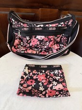 LeSportsac Deluxe Everyday Bag Black Pink Floral Nylon Crossbody Travel Purse picture