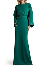 Tadashi Shoji Emerald Green Drape Back Crepe Long Sleeve Gown Size 12 $418 picture