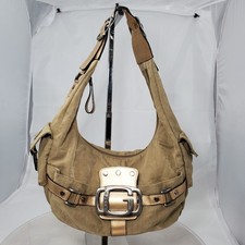 Vintage Y2K Guess Atomic Beige Nylon Hobo Bag Gold Belt G Logo Buckle Shoulder picture