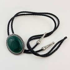Vtg Green Stone Southwestern Bolo Tie Silver Tone Cowboy Western picture