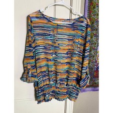 Women’s Abstract Print Blouse Smocked Hem Roll Tab Sleeve Large picture