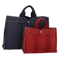 HERMES Hand Bag Canvas 2 Set Red Navy Auth 191436 picture