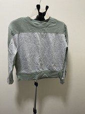 Womens Sage Green Heather Grey Color Block Crewneck Sweatshirt Ribbed Trim Boxy picture