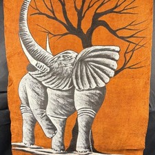 Vintage African Bark Cloth Painting Elephant Acacia Tree Signed Folk Art 20x13 picture
