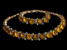 Vintage KRAMER Jewelry Set Orange Glass Rhinestone Bracelet & Necklace picture