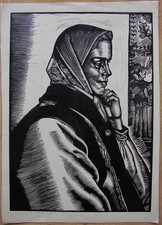 Ukrainian  Soviet Linocut engraving female portrait Hutsulka country girl picture