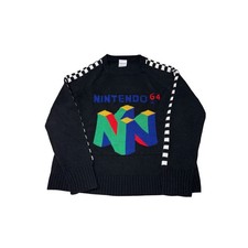 Nintendo 64 Retro Logo Knit Sweater Black Checkered Sleeve Womens Large N64 picture