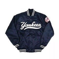 NY Yankees Vintage 90s Athletic Jacket Blue Satin Bomber Style Varsity Jacket picture