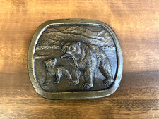 Vintage 1976 Indiana Metal Craft Bear & Cub Belt Buckle Wildlife Mountain #157 picture