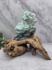 Caribbean Calcite Birds Rose Flower Carving With Wood Root Stand picture