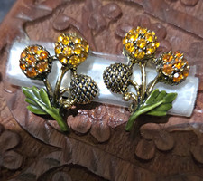 Vintage Hollycraft Clip-On Flower Earrings Orange And Yellow Crystal Rhinestone picture