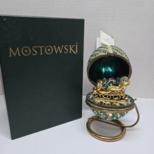 Vintage Mostowski Komozja Family Glass Hinged Egg Ornament With Santa's Sleigh picture