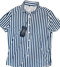 NEW State & Liberty Men’s L Navy White Bengal Stripe Shirt Athletic Fit NWT picture