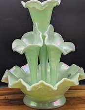 Vintage Fenton Sea Green Satin Iridescent Glass Epergne 5-Piece  picture