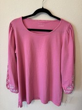 TALBOTS PINK 100% Cotton Knit Top, 3/4 Sleeve  Eyelet Embroidery, Medium picture