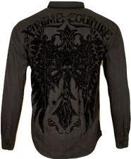 Xtreme Couture by AFFLICTION ROYALTY CROSS WING Men's Button Down Shirt Black picture