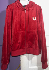 True Religion Men’s Red Velour Full Zip Hooded Hoodie Logo Pockets 2XL picture