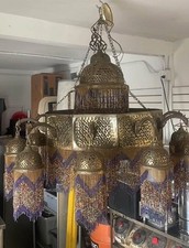 3 Ft Wide Brass Chandelier Beaded Moroccan Indian Arabic Light Fixture picture