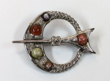 VTG Multi Color Stone Scottish Crest Dagger Sword Scepter Brooch Pin Silver Tone picture