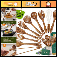 11-Piece Natural Teak Wood Kitchen Utensil Set with Holder, Spoons, Spatulas & W picture