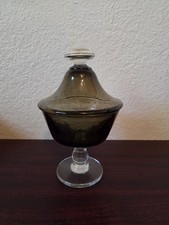 Vintage Empoli Gray Glass Round Pedestal Stand Compote with Lid, Decorative picture