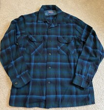 Vintage Pendleton Wool Shirt Mens Medium Blue Plaid Loop Collar 60s 70s picture