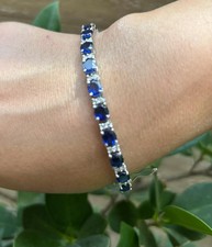 14Ct Oval Cut Natural Sapphire Diamond Wedding Tennis Bracelet 14K White Gold 7