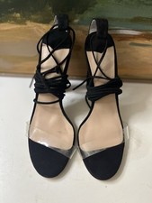 Tony Bianco Laceup Block Heel Black Suede Finish Clear Vinyl ToeStrap Sz7.5 New picture
