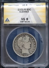 Silver 1901-S 50c Barber Head Half-dollar VG 8 Details ANACS # 7912631 + Bonus picture