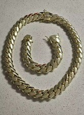 Miami Cuban Link SET Chain Necklace Bracelet 14k Gold Plated SOLID Box Lock picture