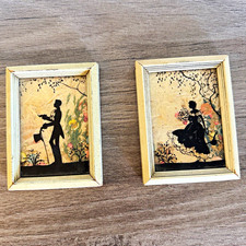 Vintage Flowercraft Reverse Painted Glass Silhouette Set Victorian Courting Coup picture