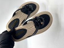 CHANEL Women’s Leather Thong Sandals Black/Beige Camellia Flower Logo 9 picture