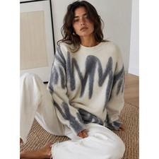 Le Lis Collection Oversized Abstract Drip Crewneck Sweater White Grey Small. picture