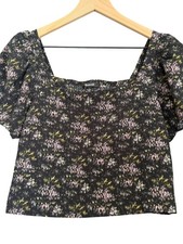 Madewell Black Abstract Floral Square-Neck Short Sleeve Top picture