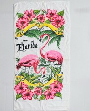 Vintage 1950s 1960’s Miami Florida Souvenir Beach Towel Pink Flamingos Palm Tree picture