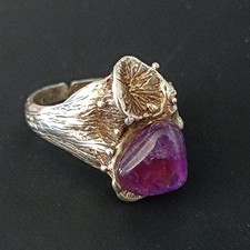 Modernist Amethyst Silver Ring Israeli 925 Organic Sculptural Artisan Abstract 7 picture