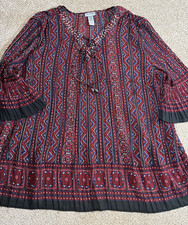 Catherines Black Red Print Flowy 3/4 SLV Tunic Top Plus 4X Crinkle Pleat EUC picture