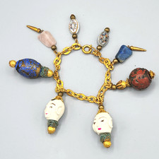 Vintage Retro Celluloid Cloisonne Enamel Asian Theme Charm Bracelet 6.75