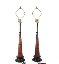Vtg 60s Mid Century Modern MCM Gruvwood Walnut Wood Metal Table Lamps Light Pair picture