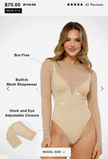 NWT Popilush Women’s XL Beige Long Sleeve Bodysuit Rhinestone Built-In Bra picture