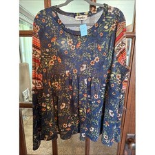Haptics by Holly Harper Navy Floral Babydoll Tunic Top Plus Size 3X Long Sleeve picture