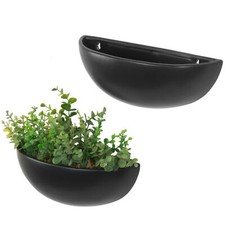 MyGift Set of 2 Matte Black Ceramic 12 Inch Half Moon Wall Mounted Planter Pots picture