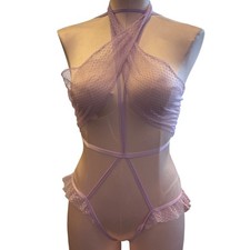 Victoria's Secret Lavender Purple Dobby Mesh Strappy Ruffle Teddy Bodysuit S NWT picture