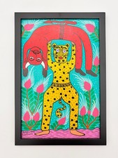Original Folk Art Painting Aureliano Lorenzo Signed Leopard Devil Occult 13in picture