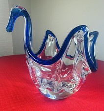 Murano Art Glass Blue Crest Swan Center Bowl Italy LARGE 8.75