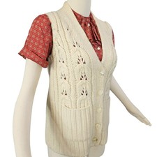 Vintage 1960's 70's Sweater Vest Cream Colored Wool Patch POCKETS Hand Loomed picture