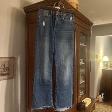Frame Le Crop Mini Boot Jeans 25 in Drizzle Rips Chew Blue Ankle Stretch Raw Hem picture