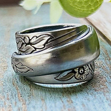 Silver Tone Steel Floral Spoon Wrap Band Ring Size 9 Unisex Handcrafted picture